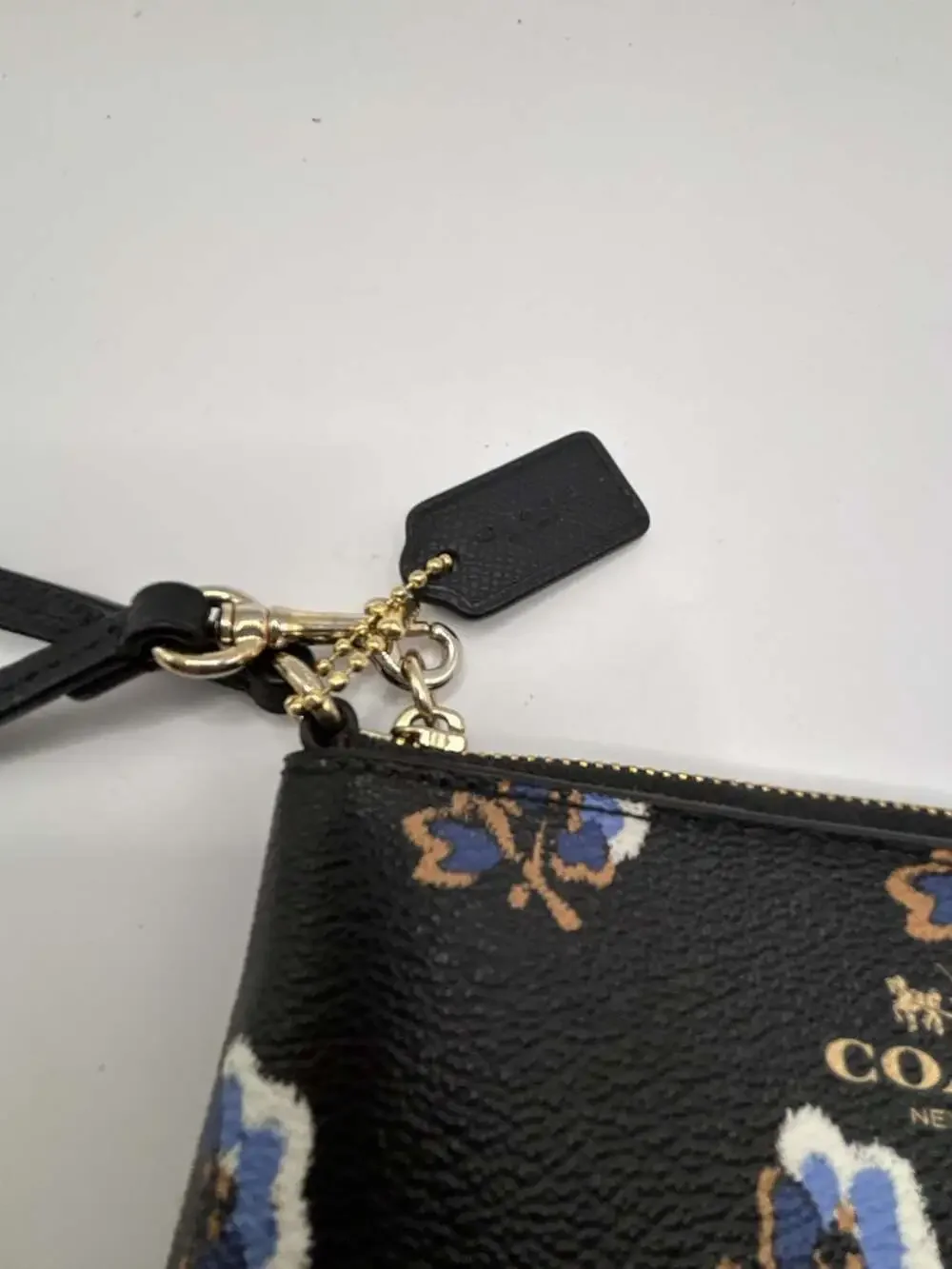 Coach Black Blue Floral Bramble Rose Print Leather Wristlet Pouch
